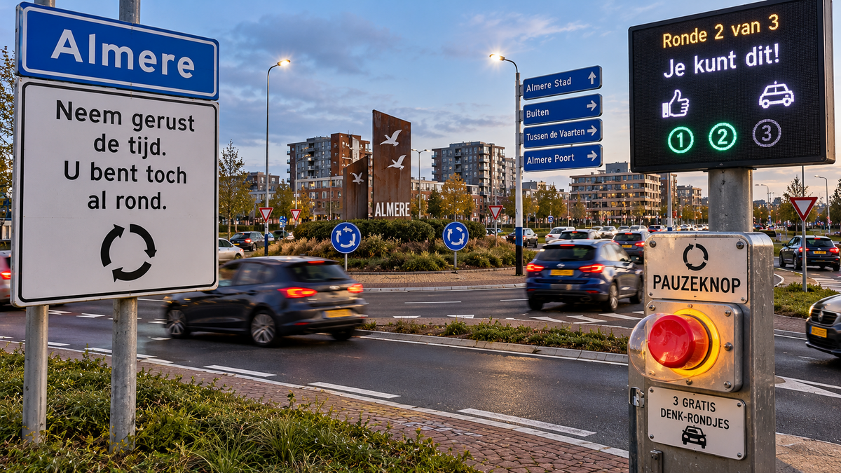 Almere rotonde met satirische pauzeknop en digitaal bord voor drie denk-rondjes