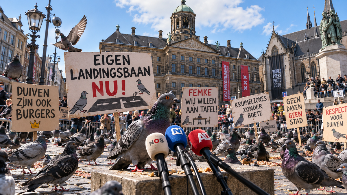 Satirische nieuwsfoto met demonstrerende duiven en spandoeken op de Dam voor hun eigen landingsbaan