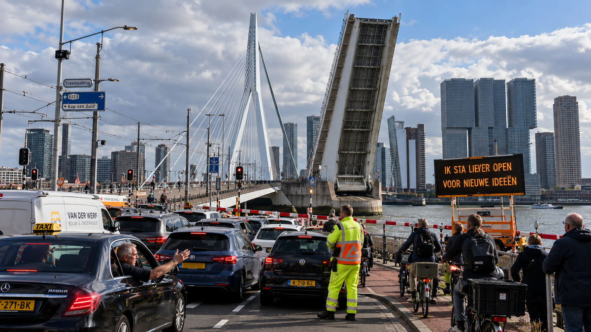 Erasmusbrug blijft omhoog met lange file en digitale boodschap over nieuwe ideeën