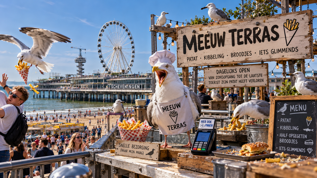 Meeuwen runnen satirisch terras met friet bij de pier van Scheveningen