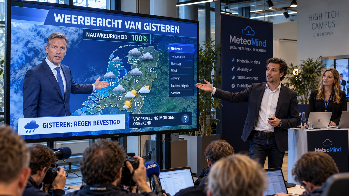 Satirische perspresentatie in Eindhoven: MeteoMind voorspelt met 100% nauwkeurigheid het weer van gisteren