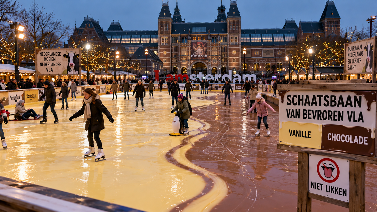 Schaatsers glijden over bevroren vanille- en chocoladevla bij het Rijksmuseum