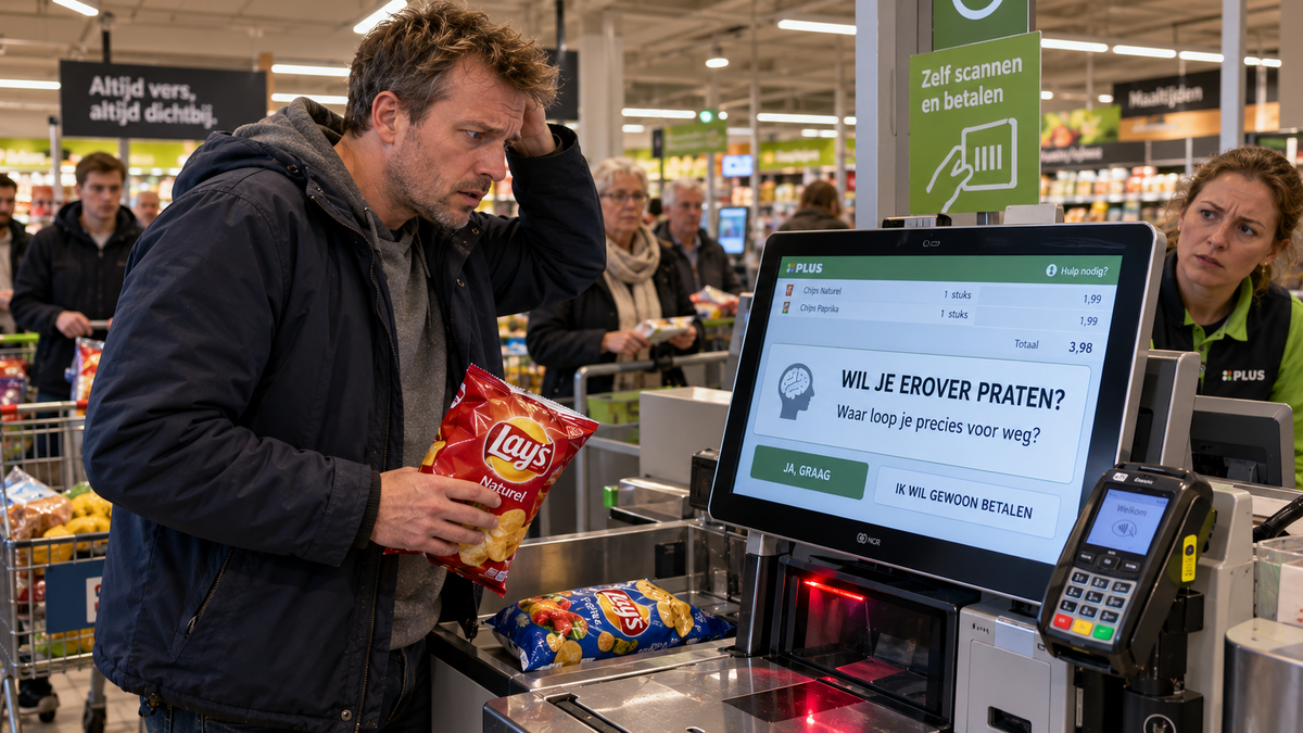 Satirische supermarktzelfscankassa vraagt een klant met twee zakken chips of hij erover wil praten